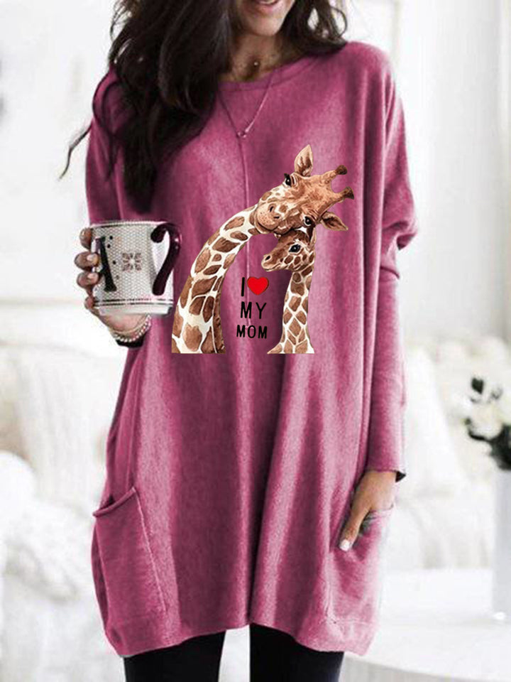 Frauen Übergroße Sweatkleid mit Giraffenmuster, Rundhalsausschnitt und Seitentaschen Echoarchiv