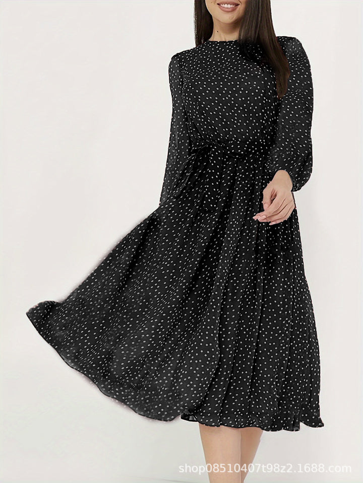 Damen Midikleid mit Punkten, taillierter Bindegürtel und Volantrock – Élara