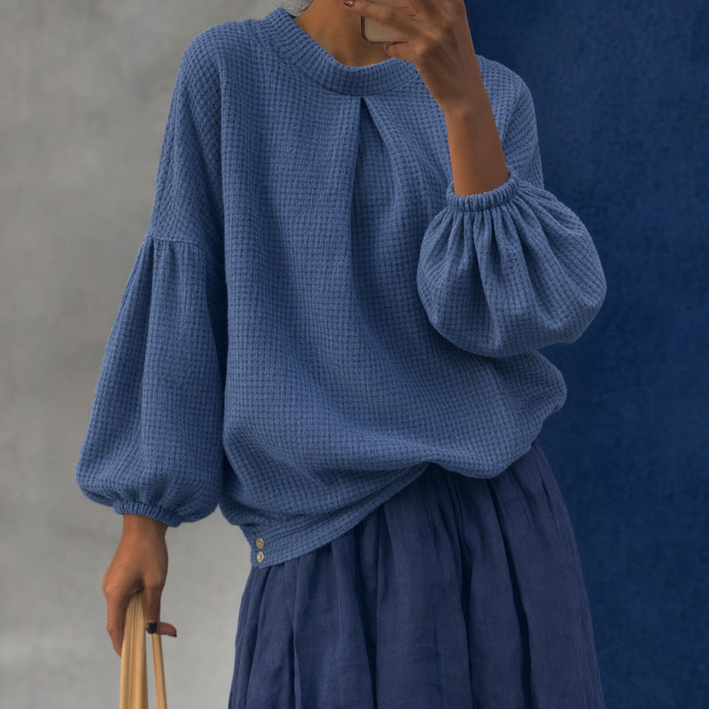 Damen Oversize Waffelstrickpullover mit Ballonärmeln und Kellerfalte Echoarchiv