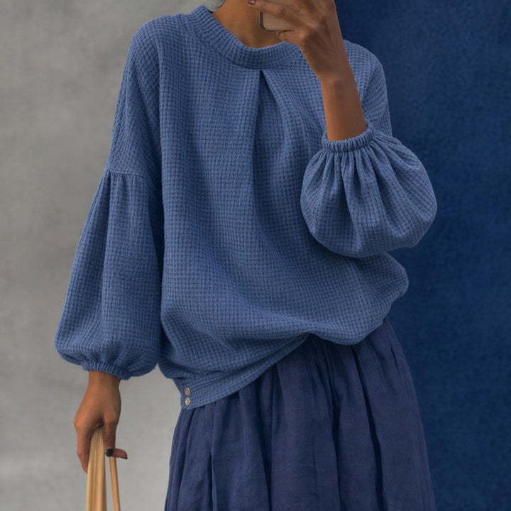 Damen Oversize Waffelstrickpullover mit Ballonärmeln und Kellerfalte Echoarchiv