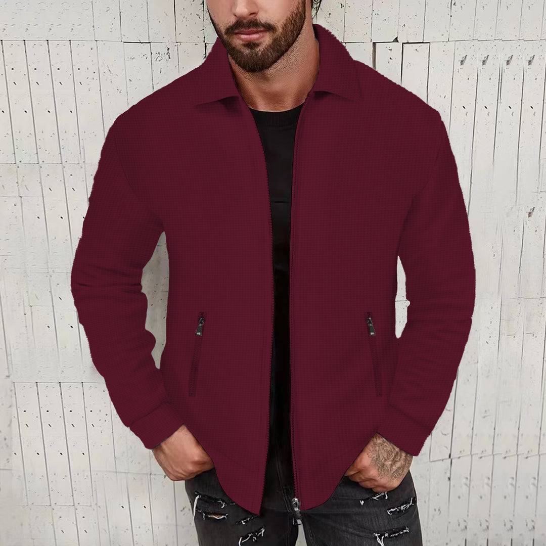 Herren minimalistische Stehkragen-Feinstrick-Übergangsjacke mit Zwei-Wege-Reißverschluss und verdeckten Reißverschlusstaschen – Taviero