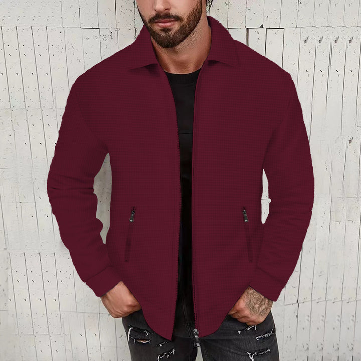Herren minimalistische Stehkragen-Feinstrick-Übergangsjacke mit Zwei-Wege-Reißverschluss und verdeckten Reißverschlusstaschen – Taviero