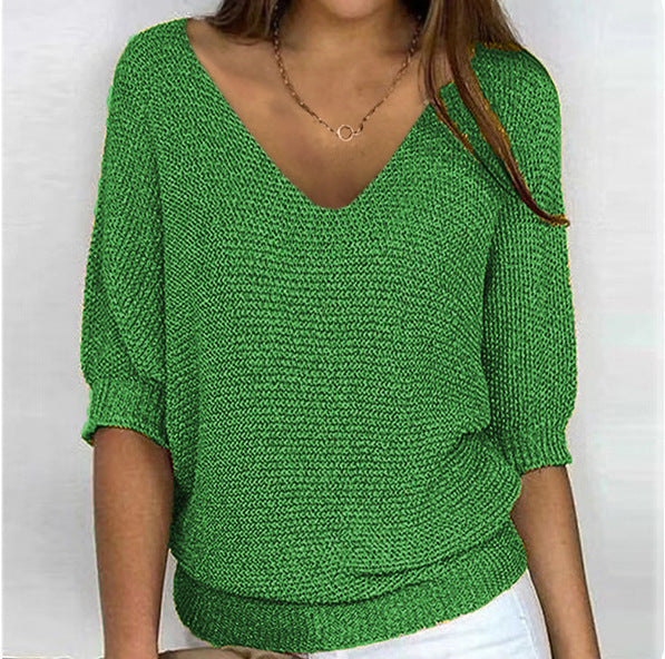Damen nan lässiger Strickpullover mit V-Ausschnitt und Fledermausärmeln Echo Archiv