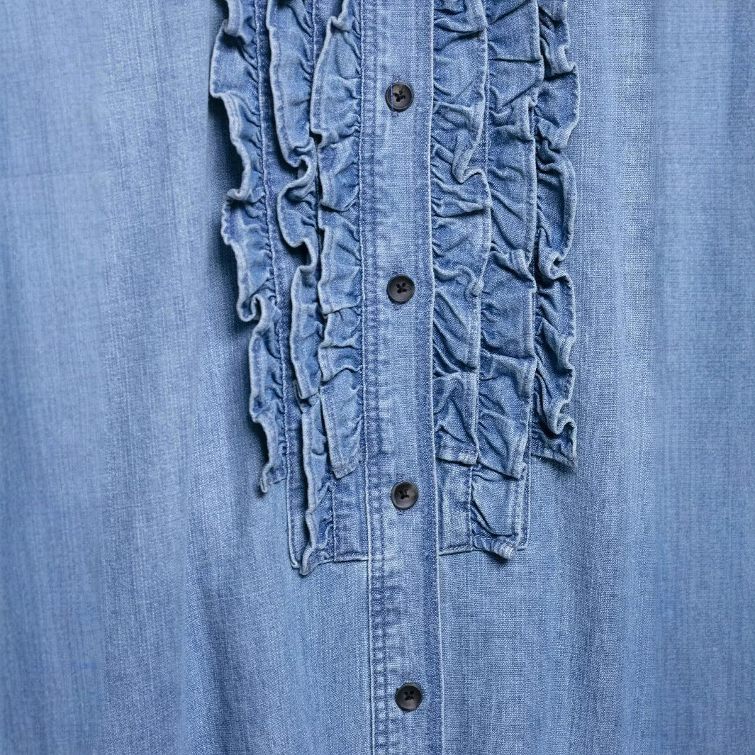 Damen nan Chambray-Bluse mit Rüschenknopfleiste, Hemdkragen und verlängertem Saum Echo Archiv