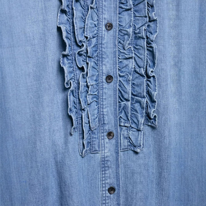 Damen nan Chambray-Bluse mit Rüschenknopfleiste, Hemdkragen und verlängertem Saum Echo Archiv