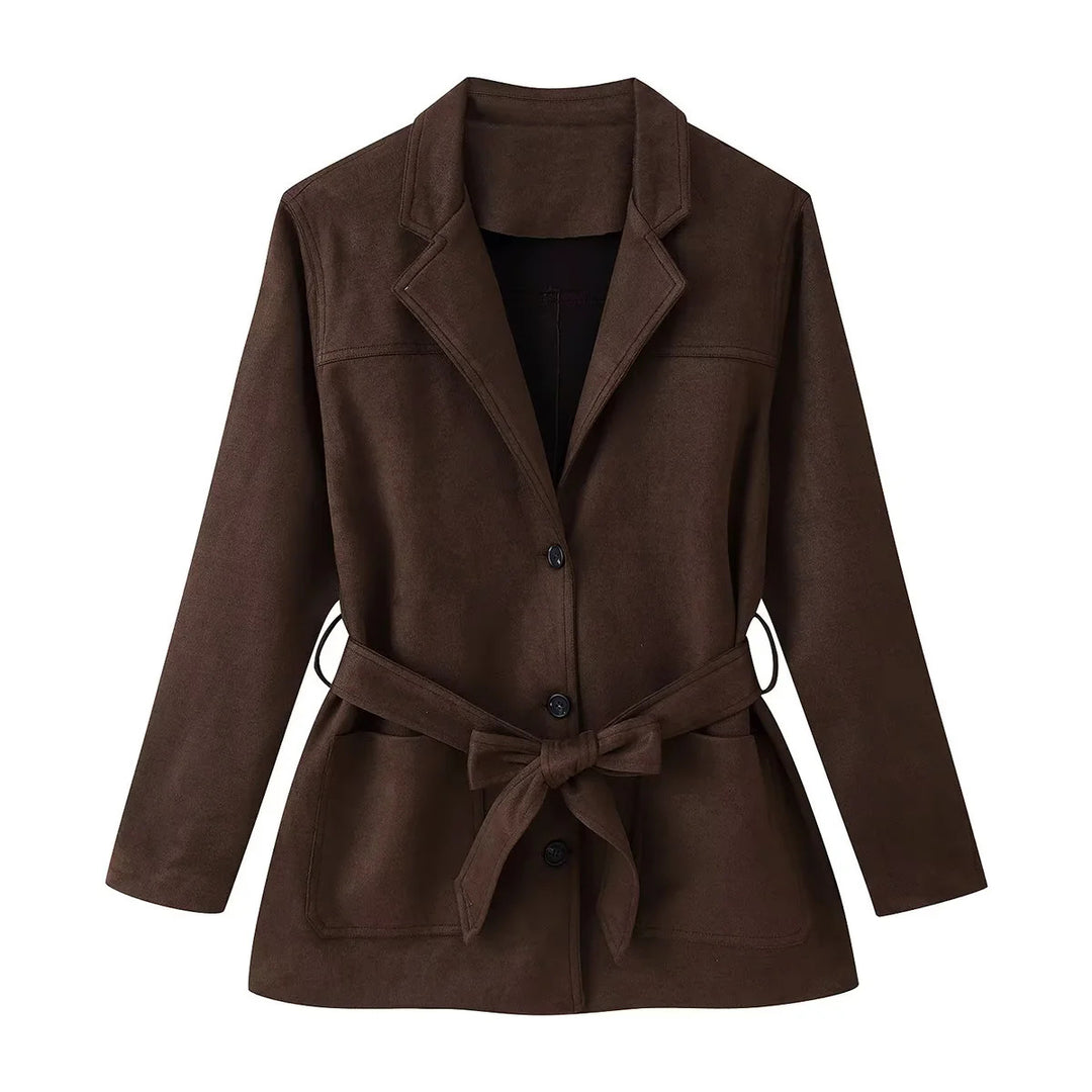 Damen taillierte Taillengürtel-Blazerjacke aus Veloursimitat mit Pattentaschen – Valéne