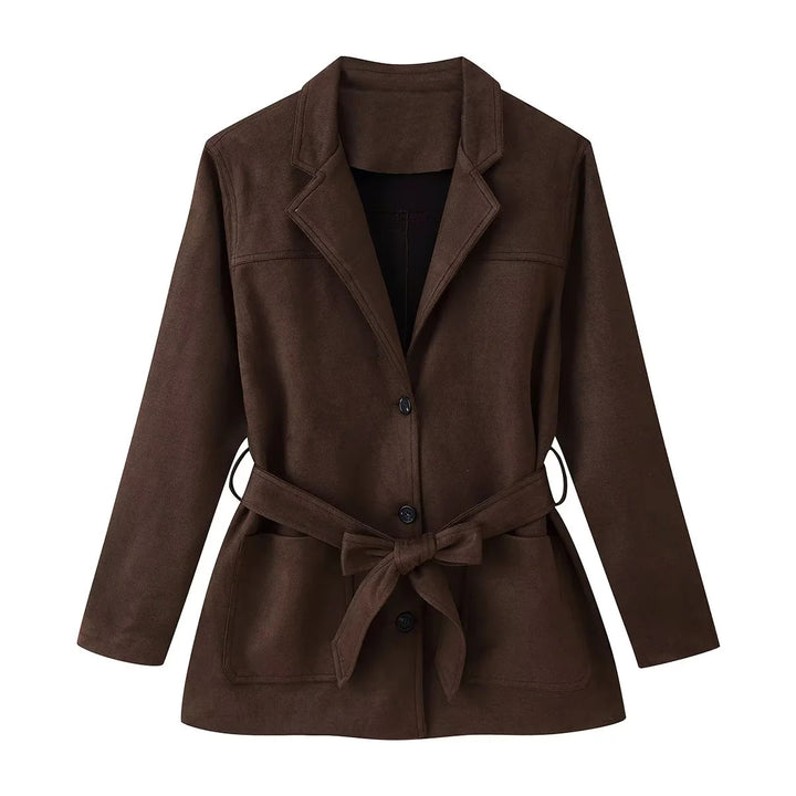 Damen taillierte Taillengürtel-Blazerjacke aus Veloursimitat mit Pattentaschen – Valéne