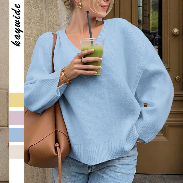 Damen nan oversized V-Ausschnitt Feinstrickpullover mit überschnittener Schulter, langen Kimonärmeln und breitem Rippbund Echo Archiv