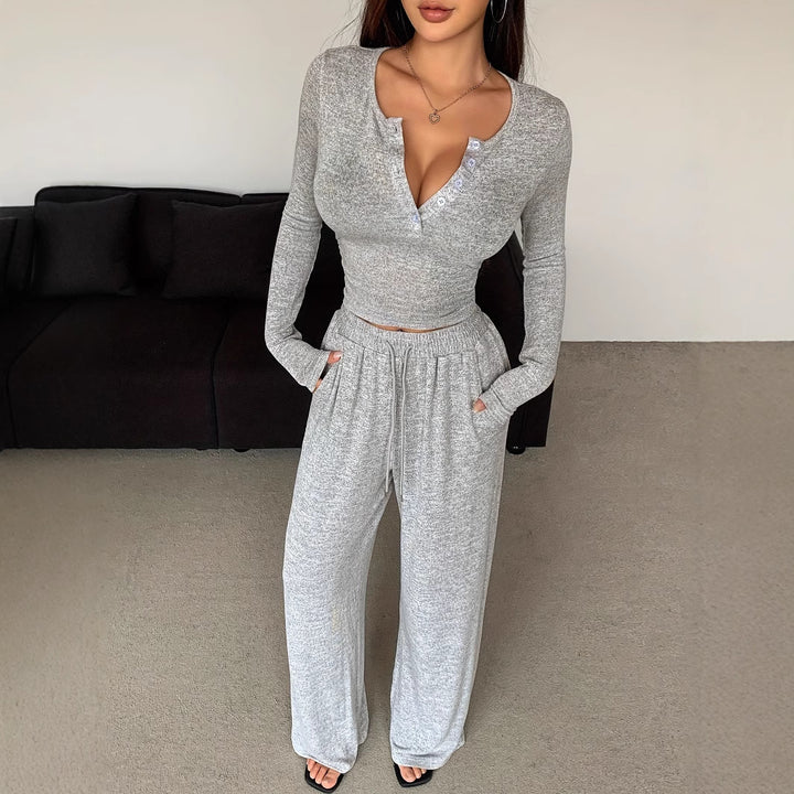 Damen Casual Rippstrick Lounge-Set mit Off-Shoulder Henley-Oberteil und weit geschnittenen Jogginghosen – Élanora