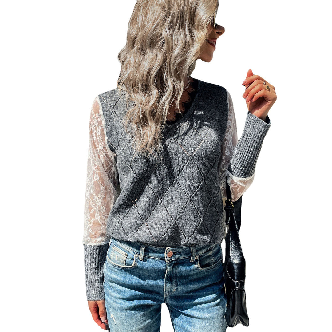 Damen Lässiger Feinstrickpullover mit Ajour‑Rautenmuster, transparenten Spitzenärmeln und gerippten Bündchen Echoarchiv