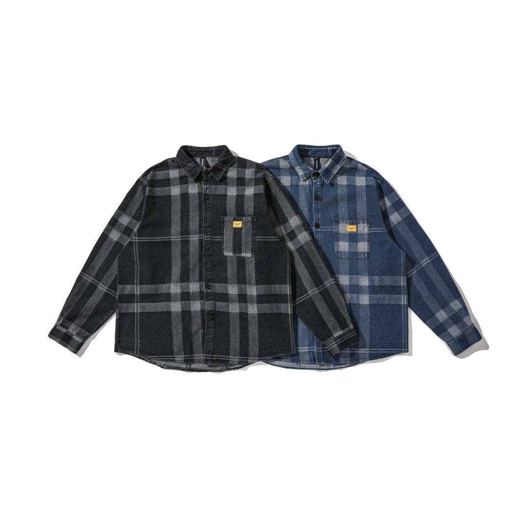 Herren Oversized Karo-Hemdjacke im Worker‑Style mit abgerundetem Saum und Brusttasche Echoarchiv