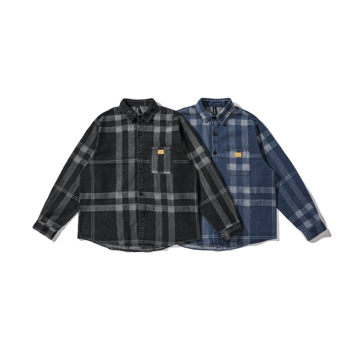 Herren Oversized Karo-Hemdjacke im Worker‑Style mit abgerundetem Saum und Brusttasche Echoarchiv