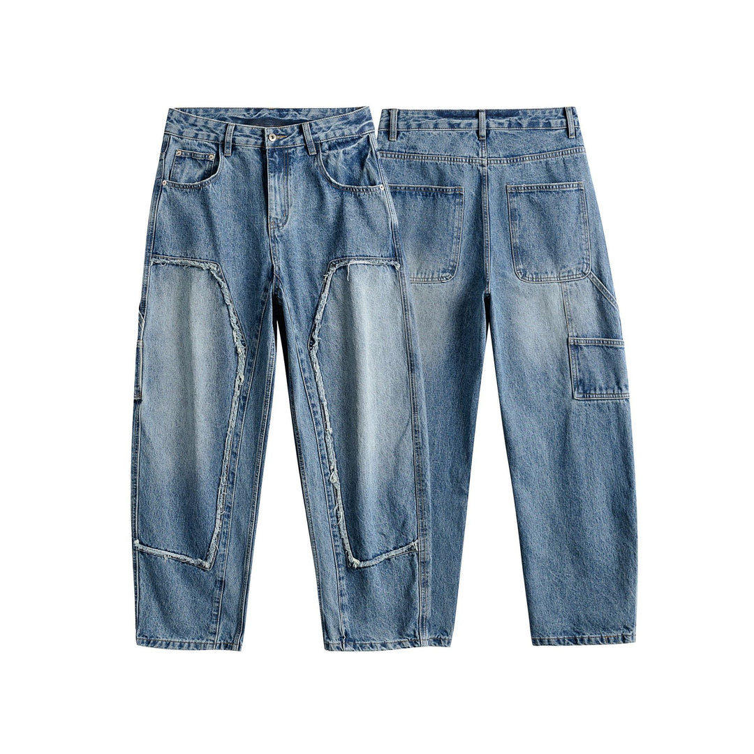 Damen Jeanshose mit kontrastierenden Knie‑Panels und ausgefransten Nähten Echoarchiv