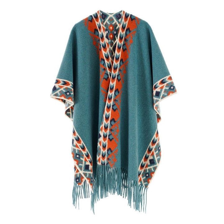 Damen Poncho‑Überwurf mit Ethno-Jacquard und Fransensaum Echo Archiv