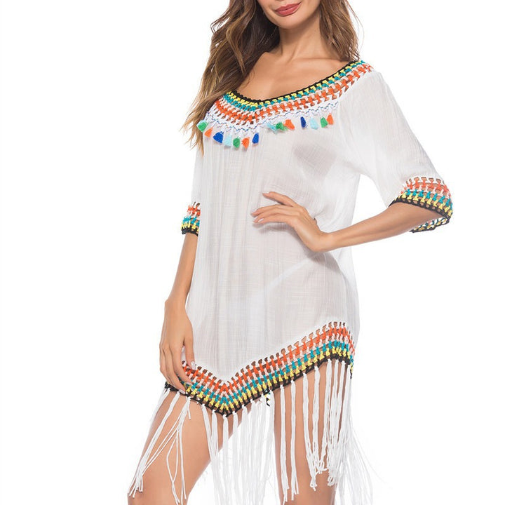 Damen Strandüberwurfkleid mit fransigem Saum und buntem Häkelmuster Echo Archiv