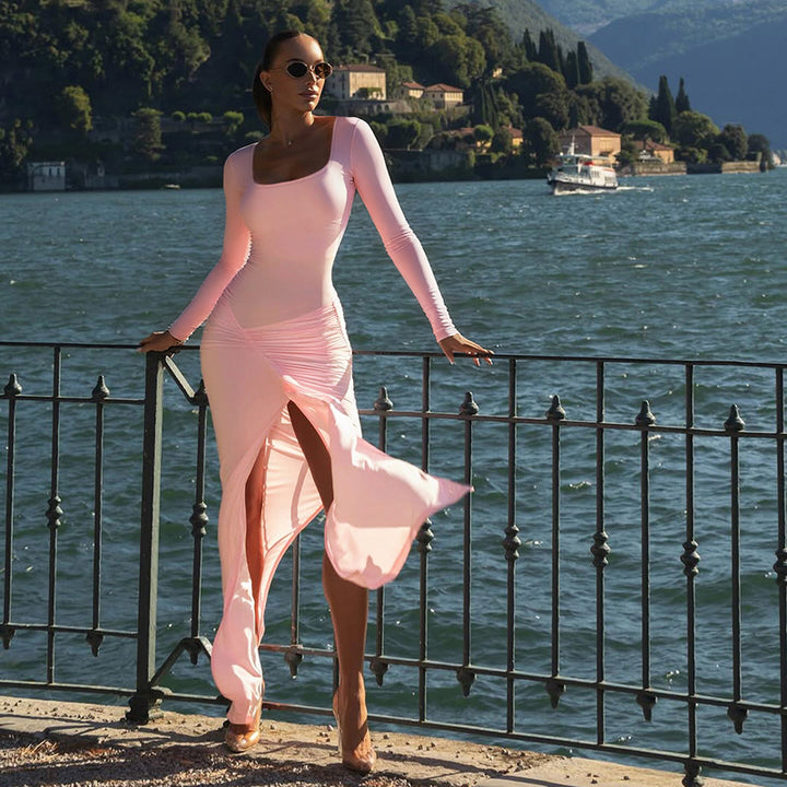 Damen figurbetontes Langarmkleid mit asymmetrischem Schlitz und Drapierungen Echo Archiv