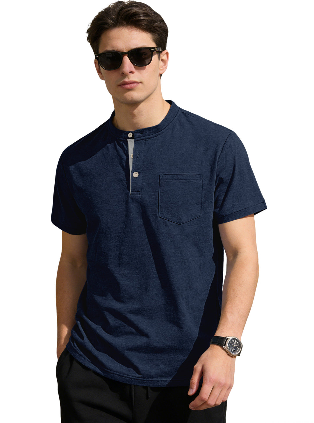 Herren nan strukturiertes Baumwoll-Henleyshirt mit kurzem Stehkragen Knopfleiste und Brusttasche Echo Archiv