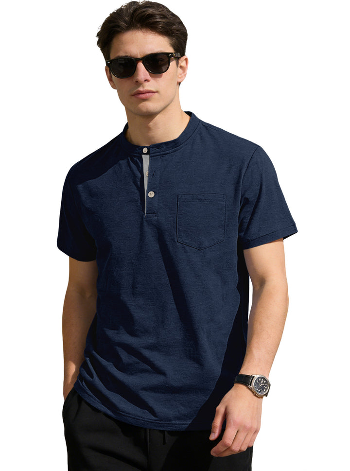 Herren nan strukturiertes Baumwoll-Henleyshirt mit kurzem Stehkragen Knopfleiste und Brusttasche Echo Archiv