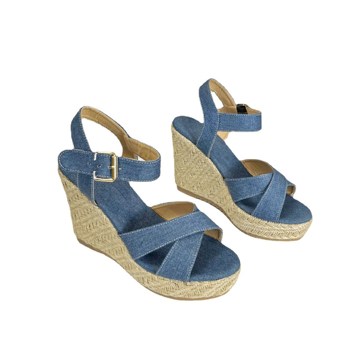 Damen nan Keil-Espadrille-Sandale mit geflochtener Juteplattform, gekreuzten Textilriemen und verstellbarer Metallschnalle Echo Archiv