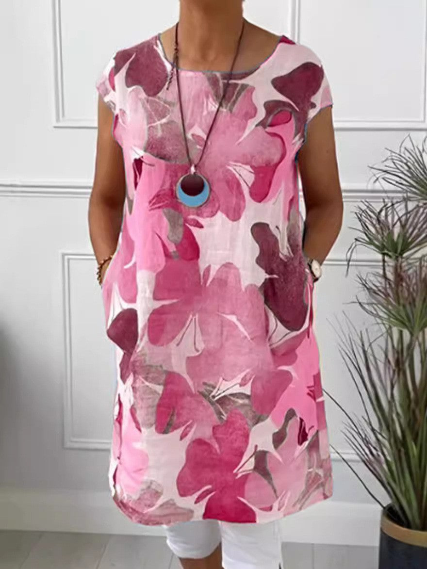 Damen nan luftiges Tunika-Midikleid aus Leinenmix mit Aquarellblütenprint und Seitentaschen Echo Archiv
