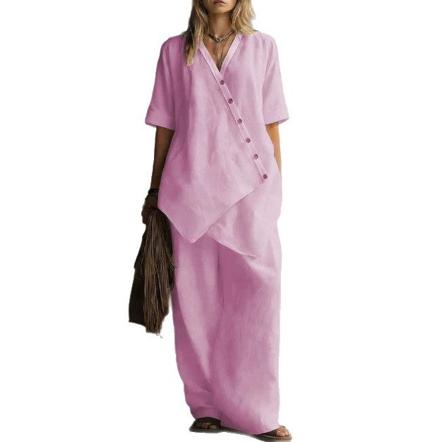 Damen Leinen-Zweiteiler mit asymmetrischer Knopfleiste und weiter Palazzo-Hose – Élanora