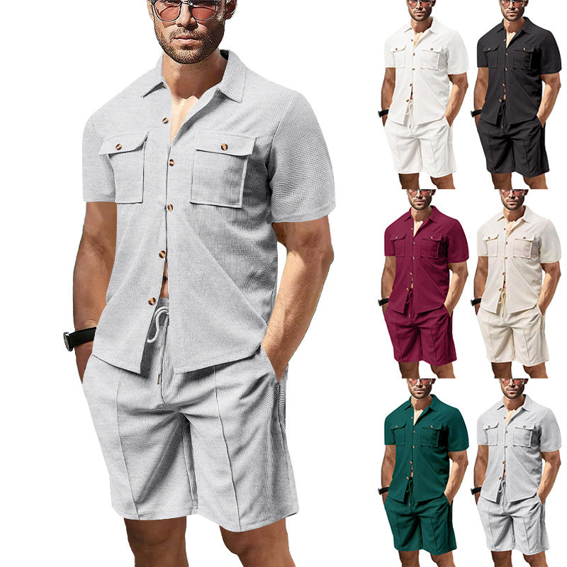 Herren lässiges Kurzarm-Hemd mit seitlichen Taschen und passenden Shorts Echoarchiv
