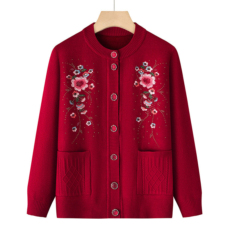 Damen bestickte Strickjacke mit Rundhalsausschnitt, Zierknopfleiste und aufgesetzten Taschen – Veloura