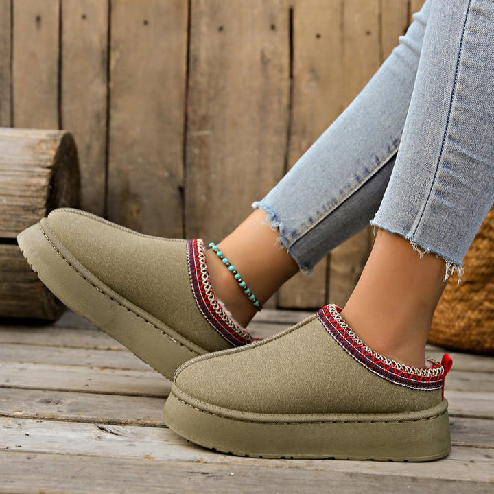 Damen  gemütliche Plateau-Hausschuh-Slipper mit weich gepolsterter Innenfütterung und dekorativem Zierbund Echo Archiv