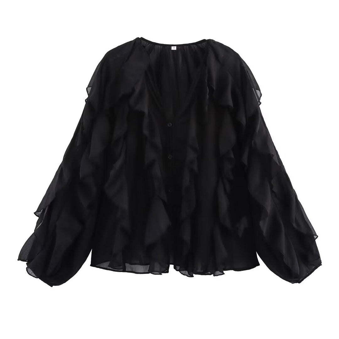 Damen transparente Chiffonbluse mit mehrlagigen Volants, weiten Ballonärmeln und durchgehender Knopfleiste – Élovi