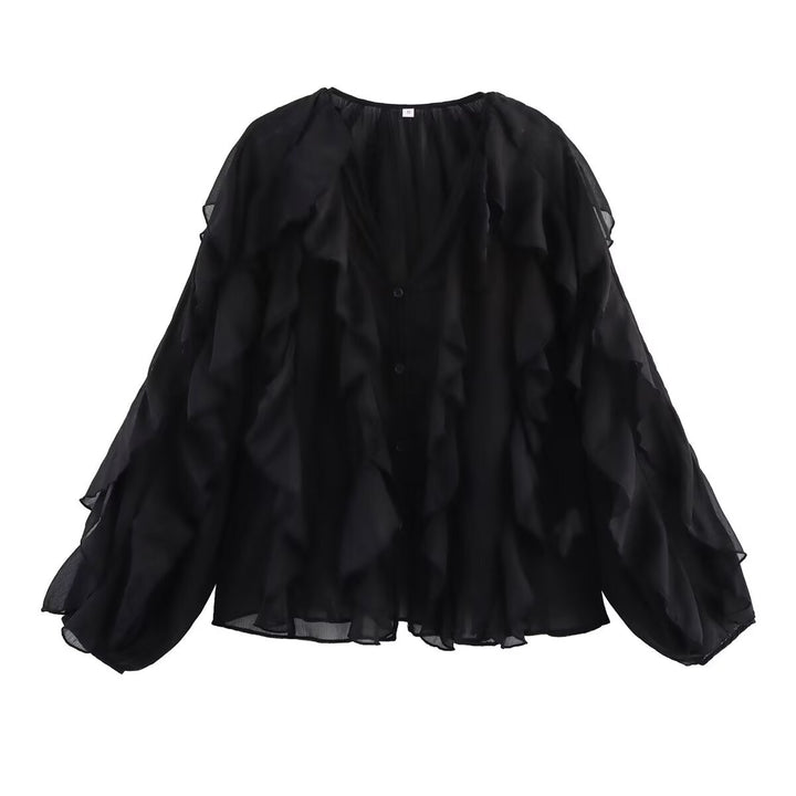 Damen transparente Chiffonbluse mit mehrlagigen Volants, weiten Ballonärmeln und durchgehender Knopfleiste – Élovi