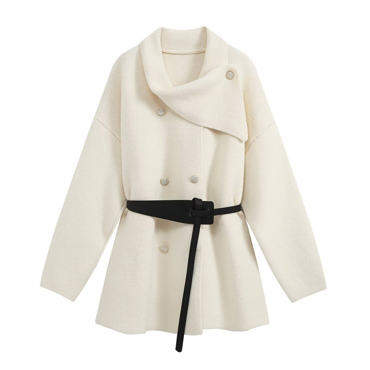 Damen Cropped Bouclé-Mantel mit asymmetrischem Schalkragen und dekorativem Gürtel Echoarchiv