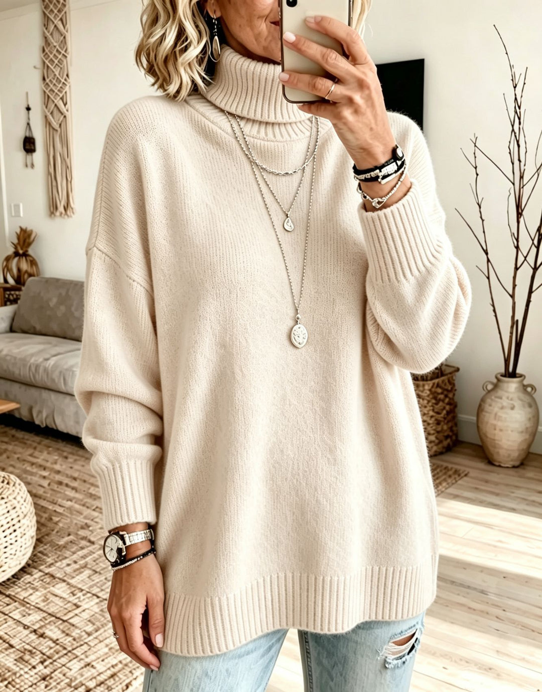 Damen Oversize Rollkragenpullover aus Feinstrick mit gerippten Bündchen und überschnittener Schulter – Mavelle