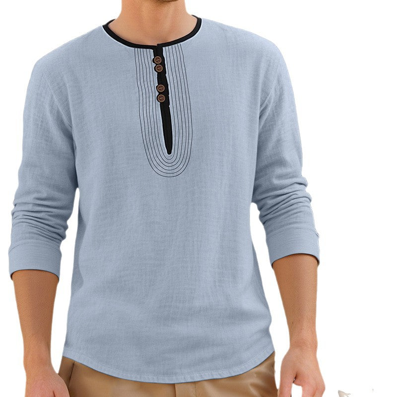 Herren nan lässiges Leinenmix-Langarmshirt mit dekorativer Knopfleiste und Ziersteppung Echo Archiv
