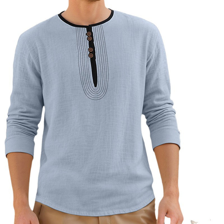 Herren nan lässiges Leinenmix-Langarmshirt mit dekorativer Knopfleiste und Ziersteppung Echo Archiv