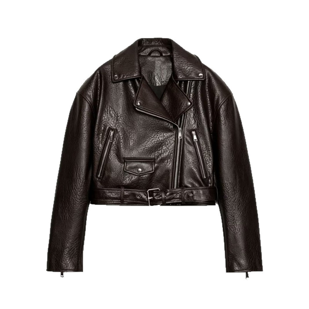 Damen Kurzgeschnittene Bikerjacke aus strukturiertem Lederimitat mit Taillengürtel Echoarchiv