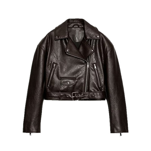 Damen Kurzgeschnittene Bikerjacke aus strukturiertem Lederimitat mit Taillengürtel Echoarchiv