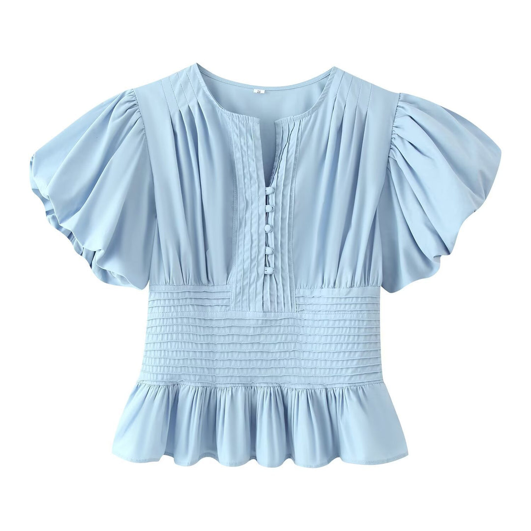 Damen Romantische Bluse mit Puffärmeln, Kellerfalten‑Blende und gesmokter Taille Echo Archiv