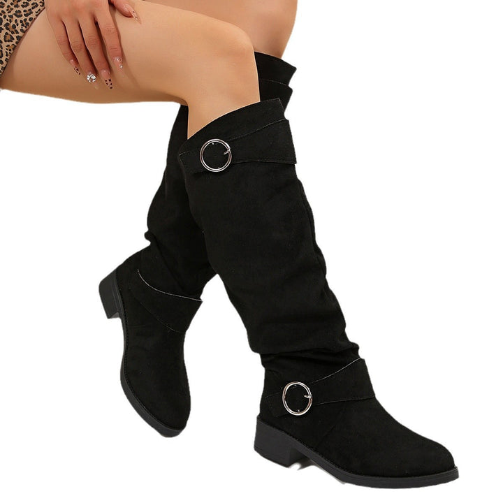 Damen Slouch-Stiefel mit verstellbaren Zier-Schnallen und Veloursoptik Schaft Echo Archiv