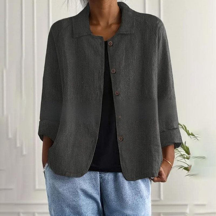 Damen Oversized Leinen-Hemdjacke mit Hemdkragen, 3/4-Ärmeln und durchgehender Knopfleiste Echo Archiv