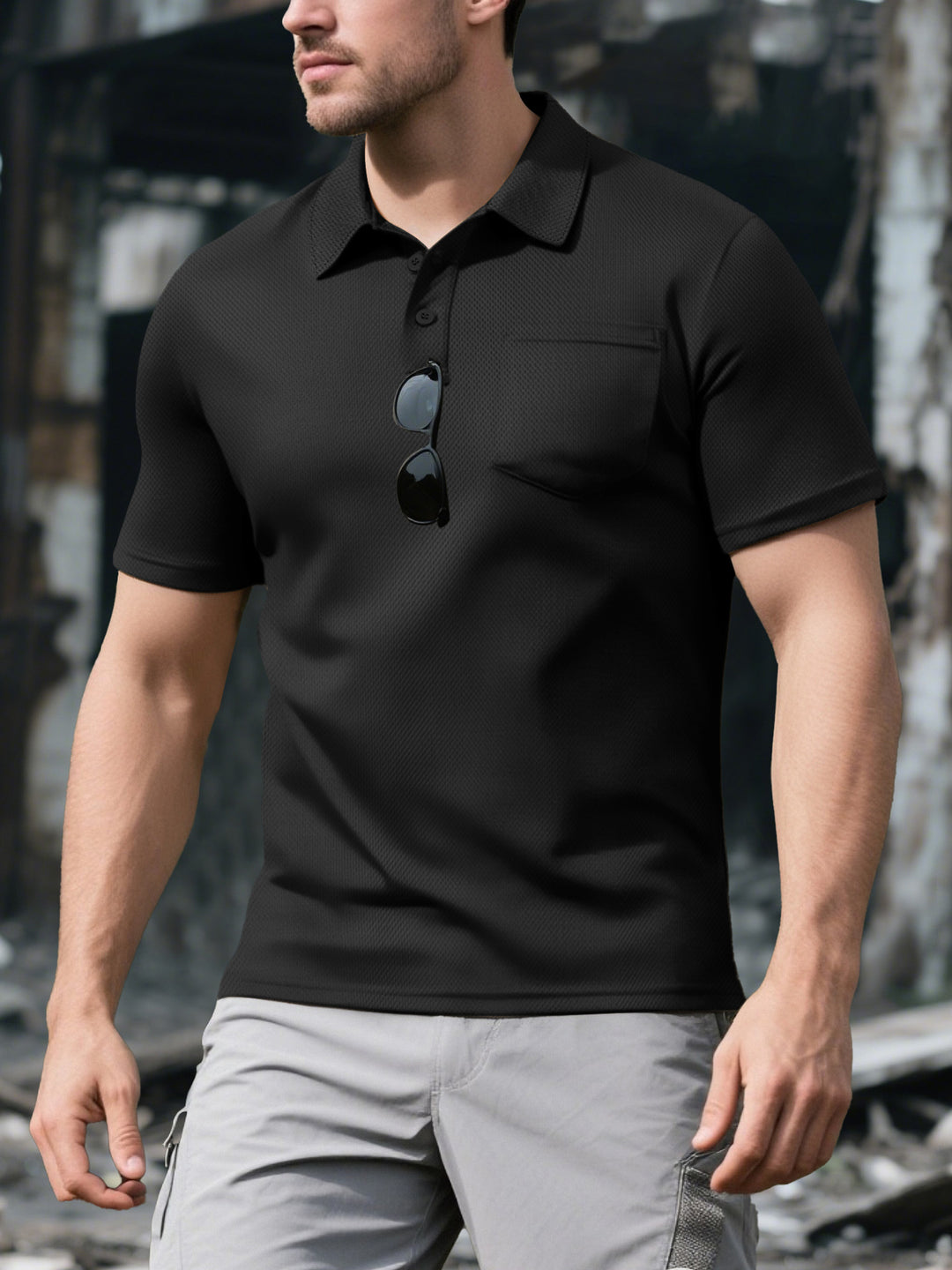Herren Polohemd mit strukturiertem Design und praktischer Brusttasche Echoarchiv