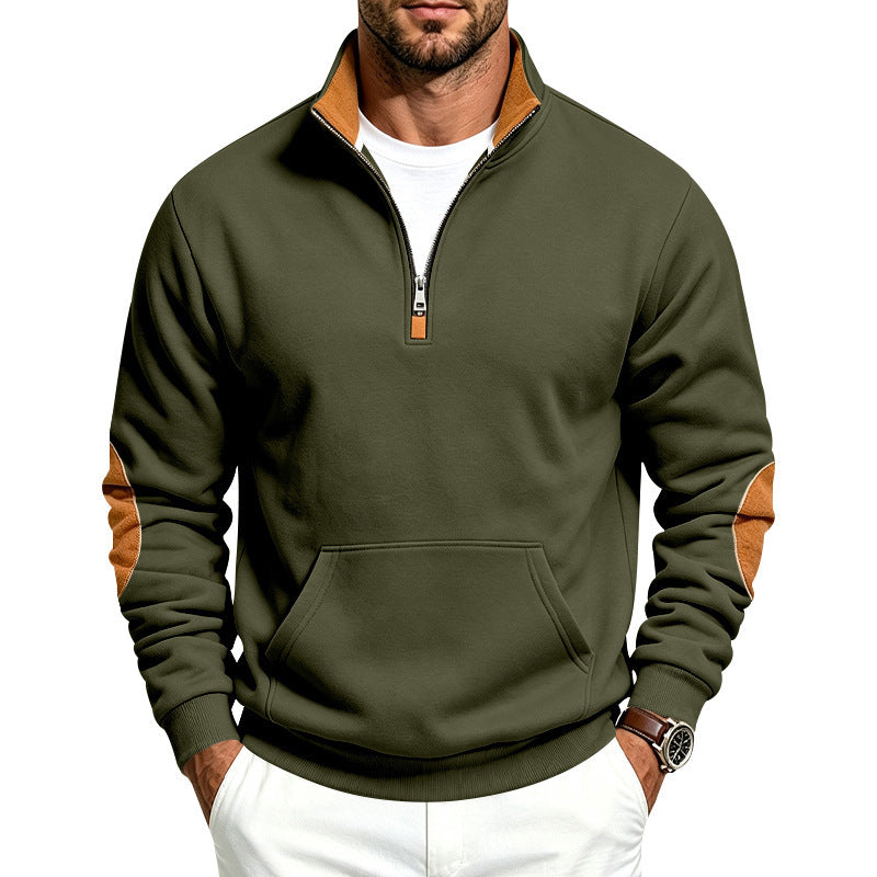 Herren Troyer-Pullover mit halbem Reißverschluss, Kängurutasche und Ellbogen-Patches Echoarchiv