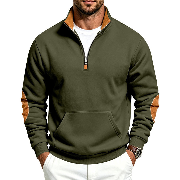 Herren Troyer-Pullover mit halbem Reißverschluss, Kängurutasche und Ellbogen-Patches Echoarchiv