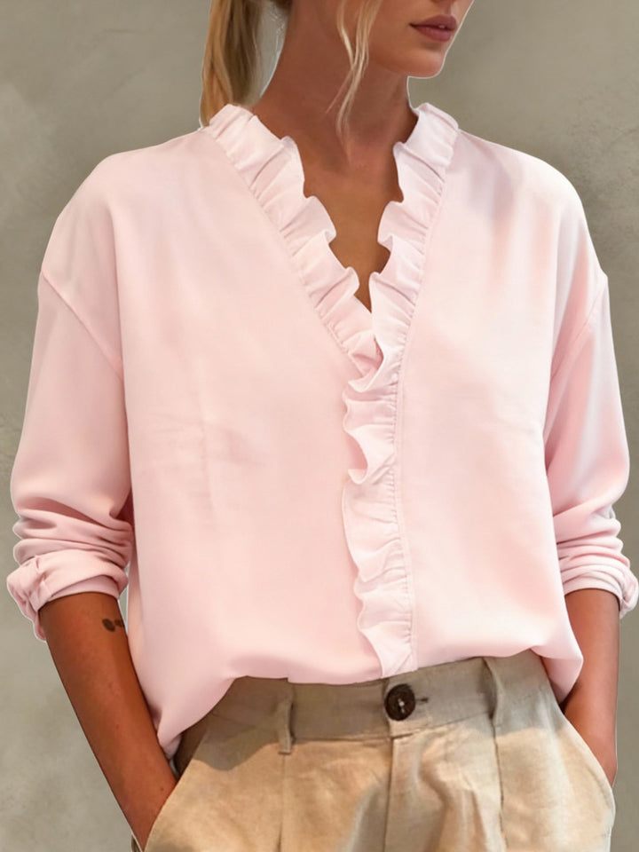 Damen Elegante V-Ausschnitt Bluse mit Volantbesatz und lockerem Oversize-Schnitt – Élovi