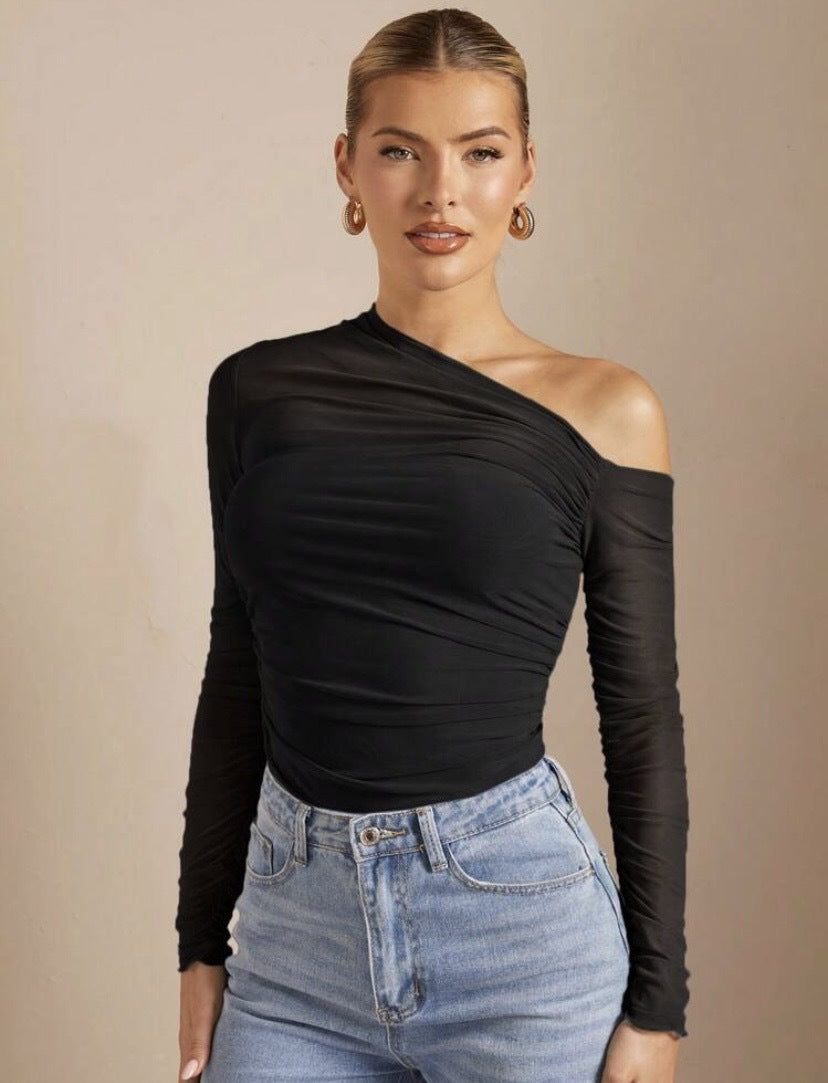 Damen Asymmetrischer Body mit Raffungen und langen Ärmeln Echo Archiv