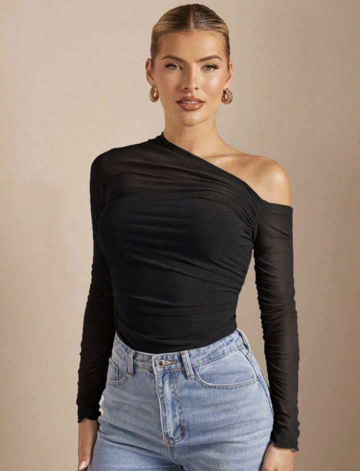Damen Asymmetrischer Body mit Raffungen und langen Ärmeln Echo Archiv
