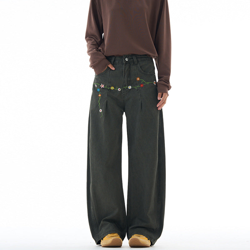 Damen Extraweite Denim-Palazzohose mit floraler Stickerei Echo Archiv