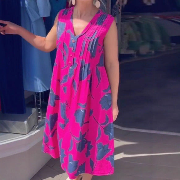 Damen nan ärmelloses A-Linien-Midikleid mit V-Ausschnitt, Brustfalten, Knopfleiste und großem Blumenprint Echo Archiv