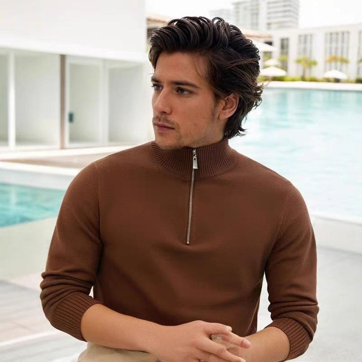 Herren Feinstrick-Halbzip-Pullover mit Stehkragen und Rippbündchen Echoarchiv