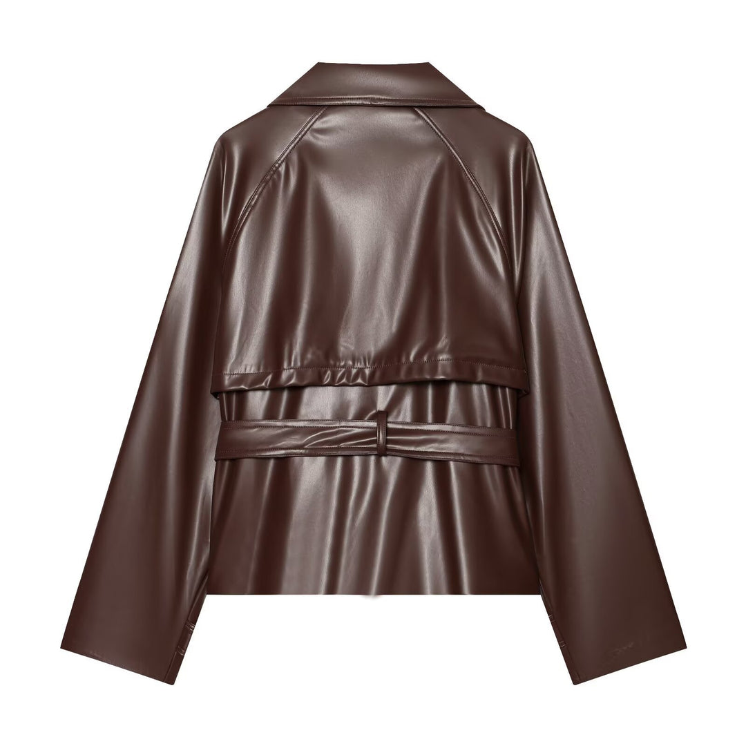 Damen taillierte Kunstlederjacke mit Stehkragen, Bindegürtel und doppelreihiger Knopfleiste Echo Archiv