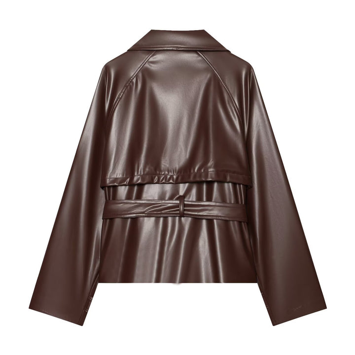 Damen taillierte Kunstlederjacke mit Stehkragen, Bindegürtel und doppelreihiger Knopfleiste Echo Archiv